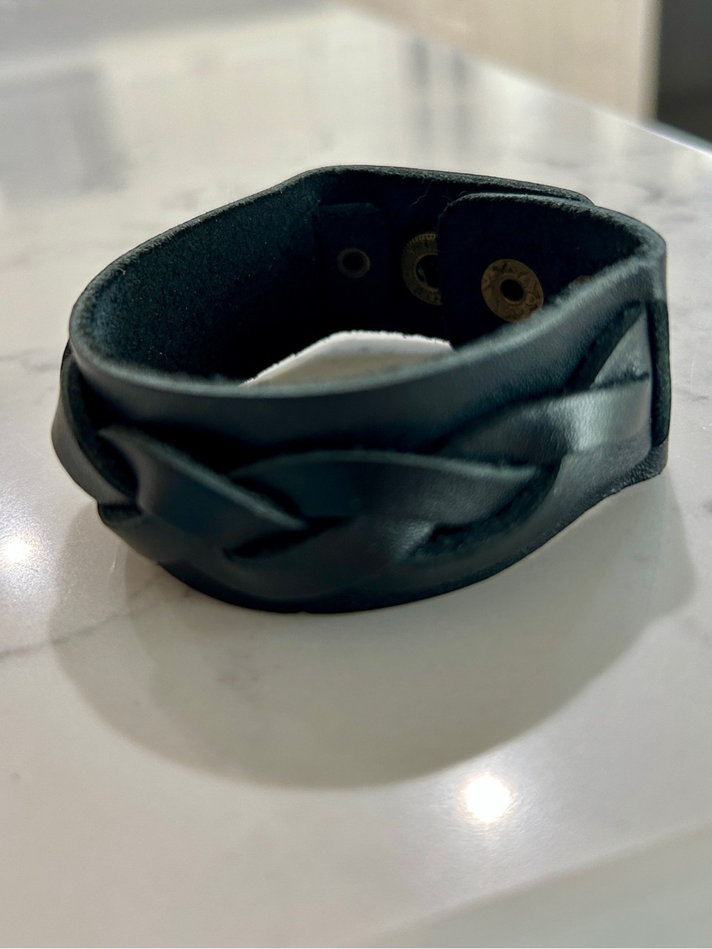 Black Braided Leather Snap Cuff Bracelet